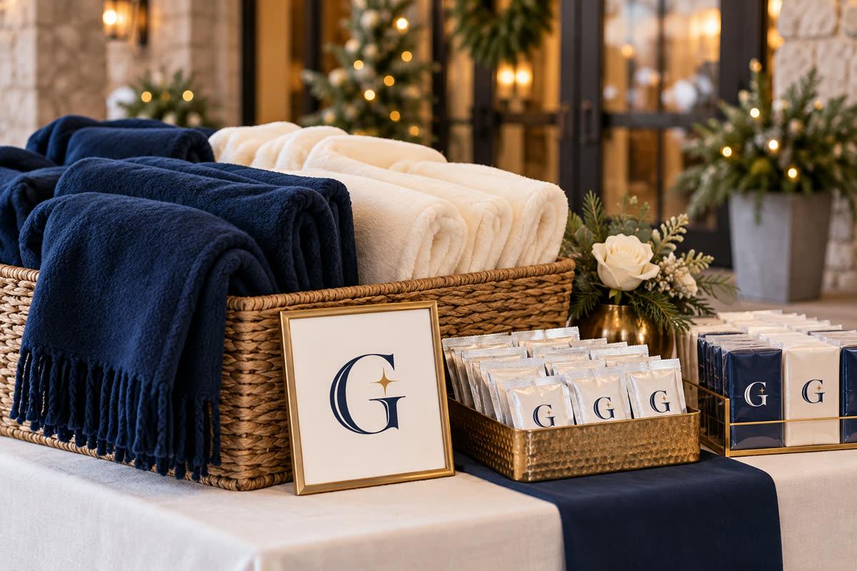 The Guest Edit Cold-Weather Comfort service scene with navy and gold G branding