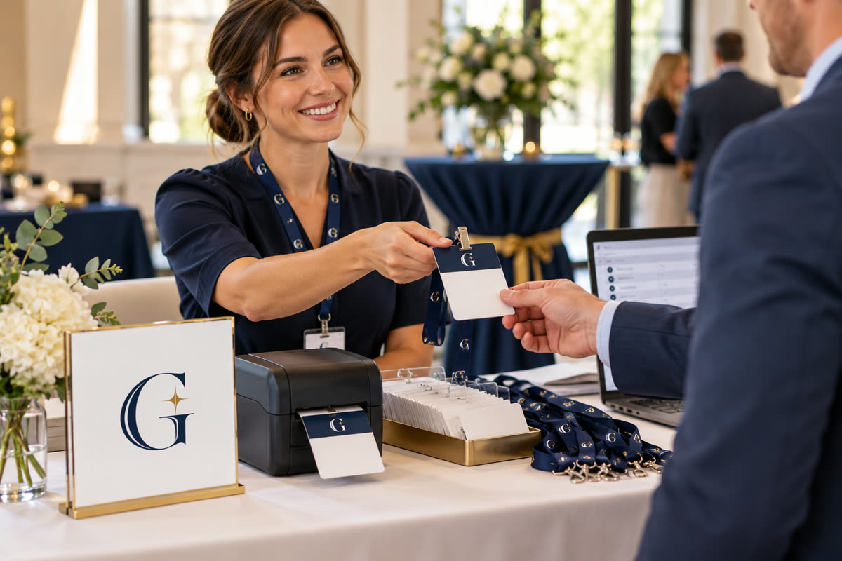 The Guest Edit Badge and Name-Tag Support service scene with navy and gold G branding