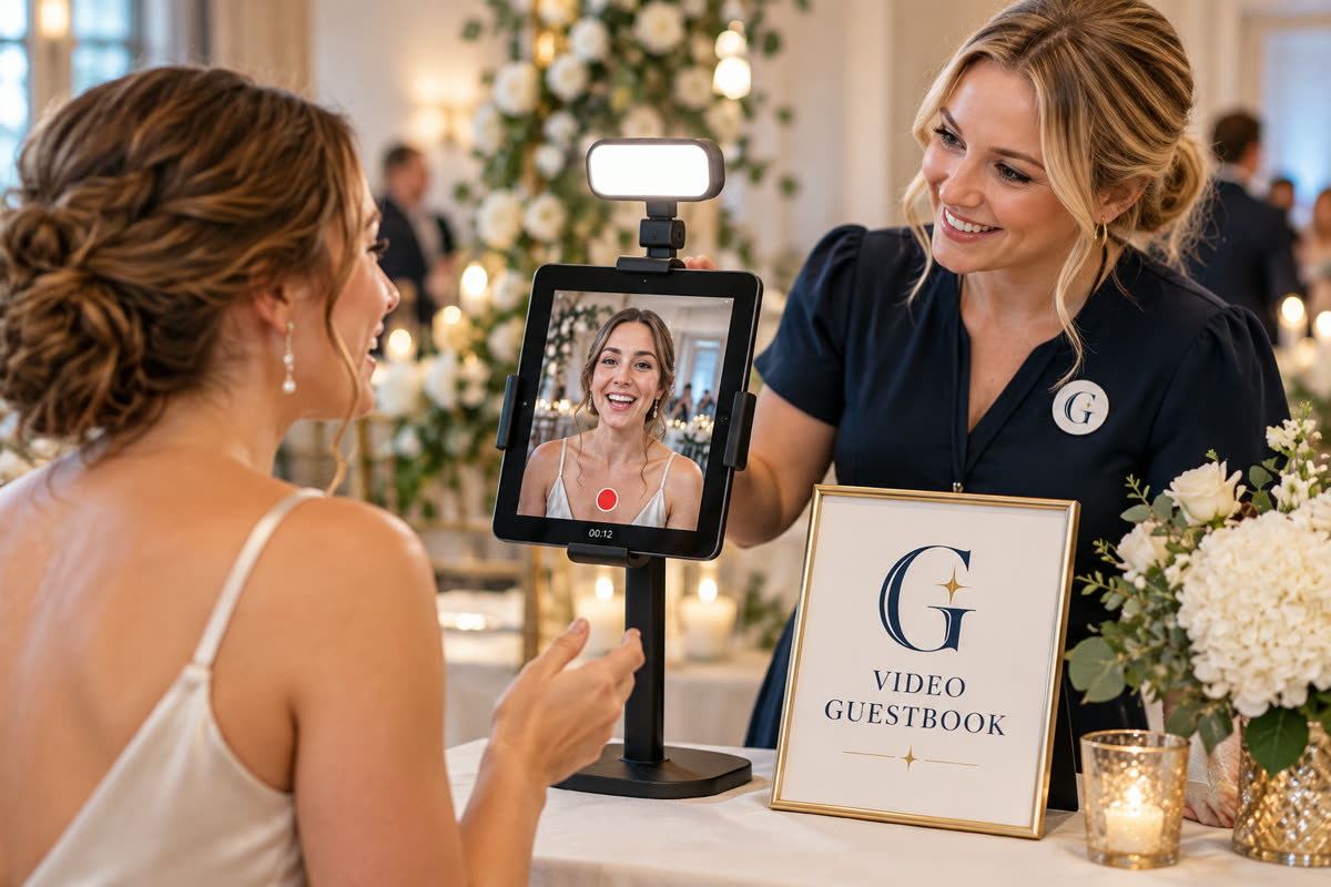 The Guest Edit Video Guestbook service scene with navy and gold G branding