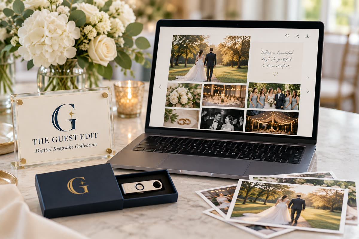 The Guest Edit Digital Keepsake Collection service scene with navy and gold G branding