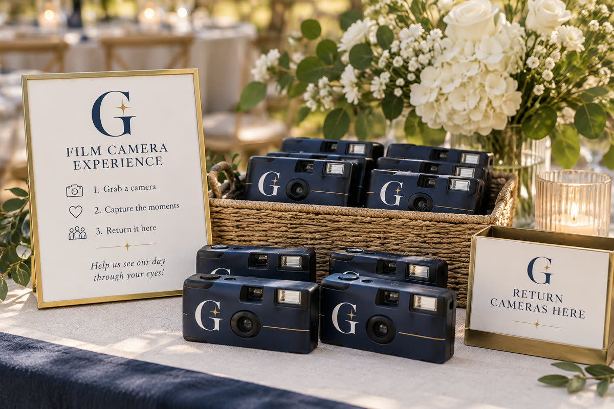 The Guest Edit Film Camera Experience service scene with navy and gold G branding