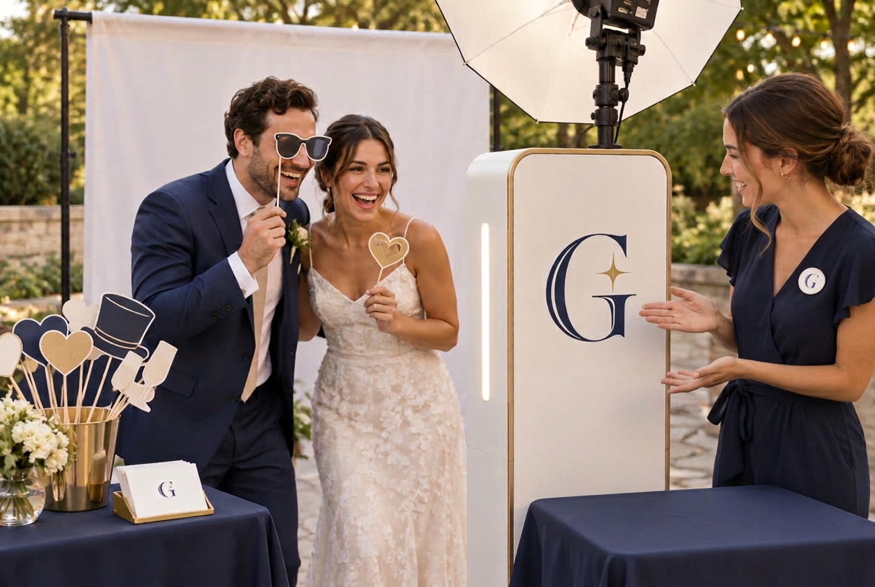 The Guest Edit Open-Air Photo Booth service scene with navy and gold G branding