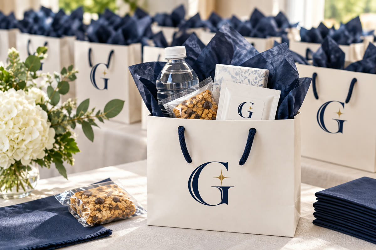 The Guest Edit Take-Home Comfort Kits service scene with navy and gold G branding