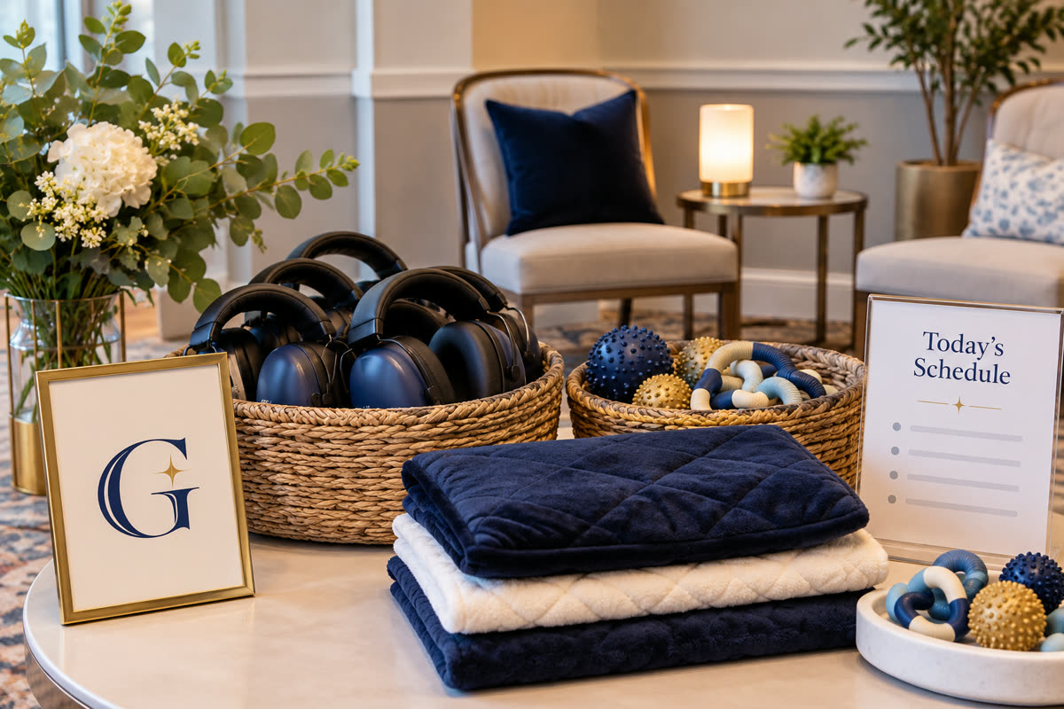 The Guest Edit Inclusive and Sensory Comfort service scene with navy and gold G branding