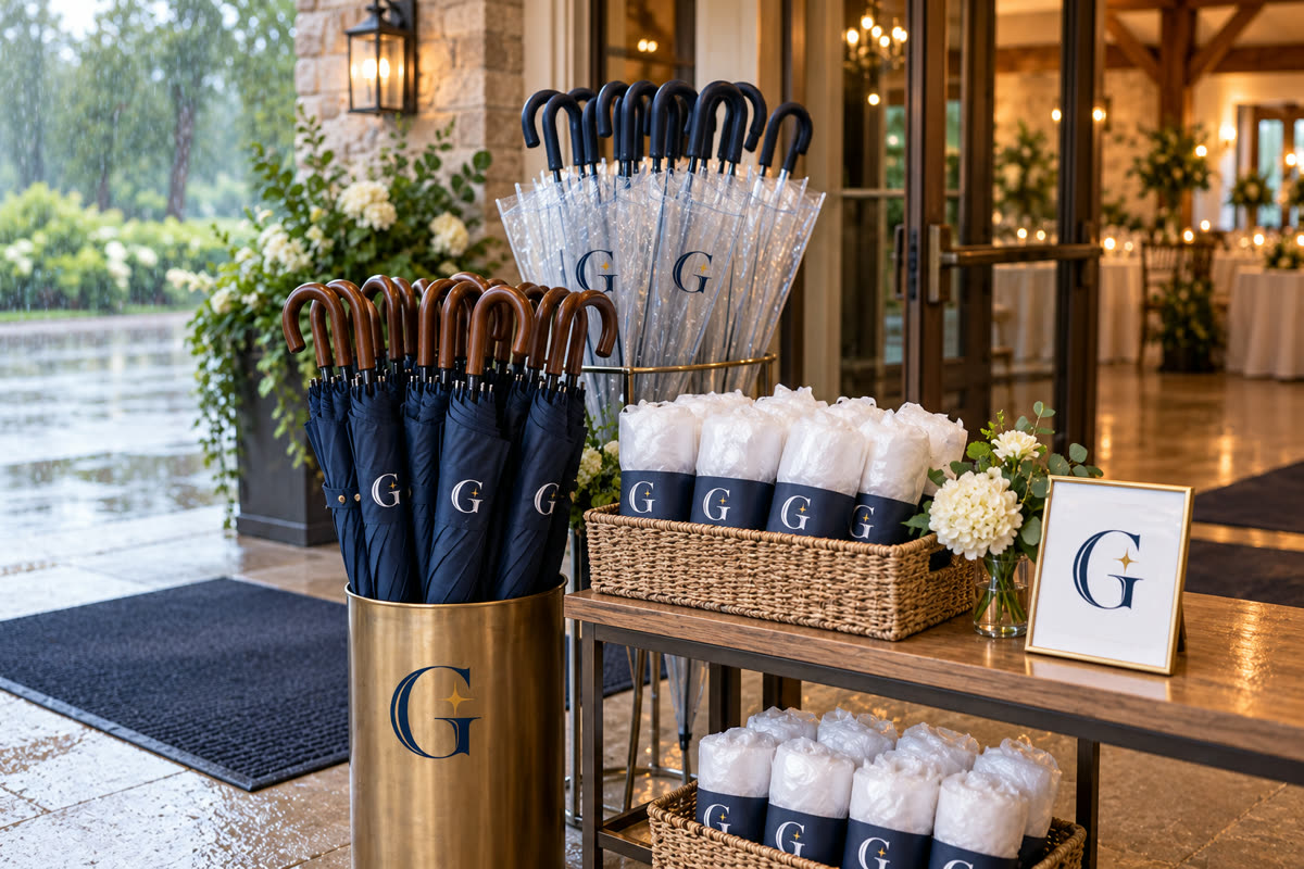 The Guest Edit Rain Comfort service scene with navy and gold G branding