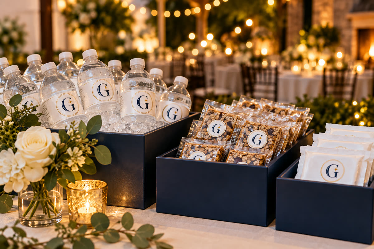 The Guest Edit Refreshments and Late-Night Hospitality service scene with navy and gold G branding
