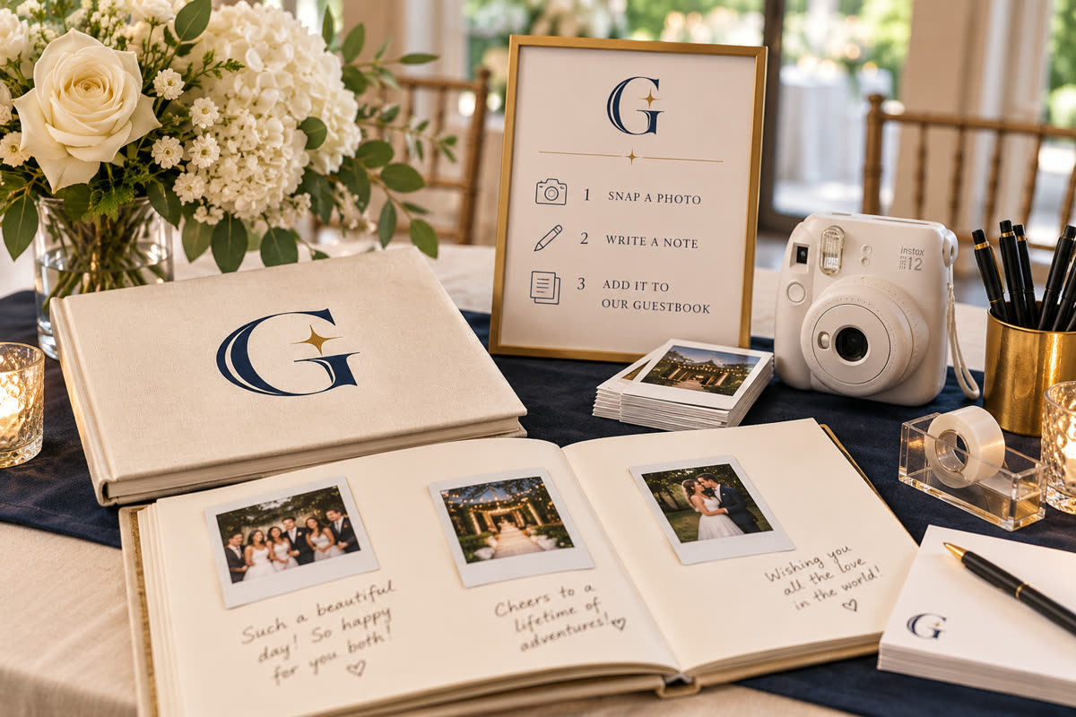 The Guest Edit Written and Photo Guestbook service scene with navy and gold G branding