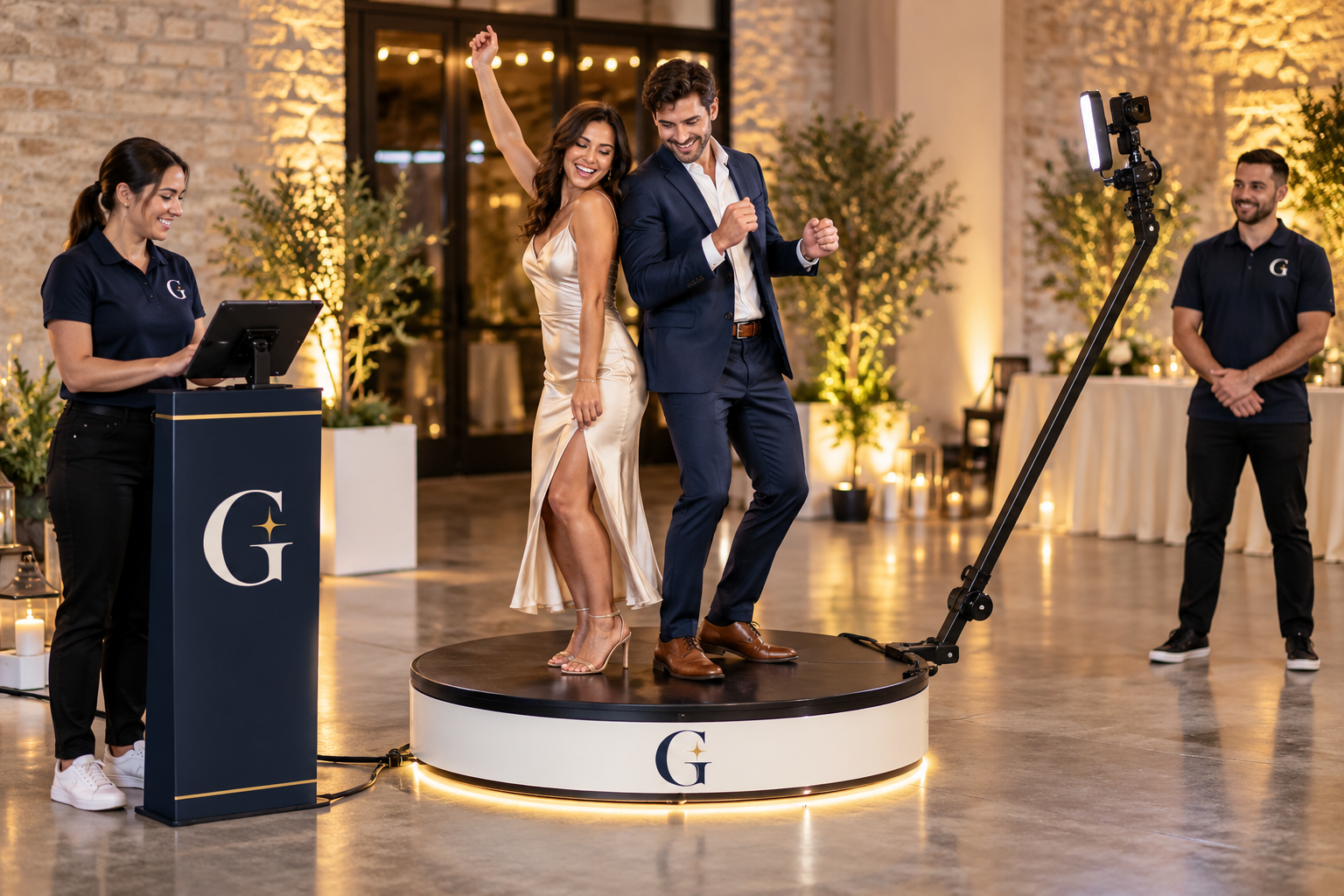 The Guest Edit 360 Video Experience service scene with navy and gold G branding