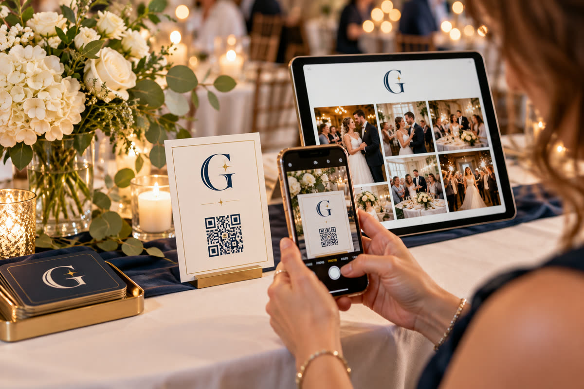 The Guest Edit Guest Photo Sharing service scene with navy and gold G branding