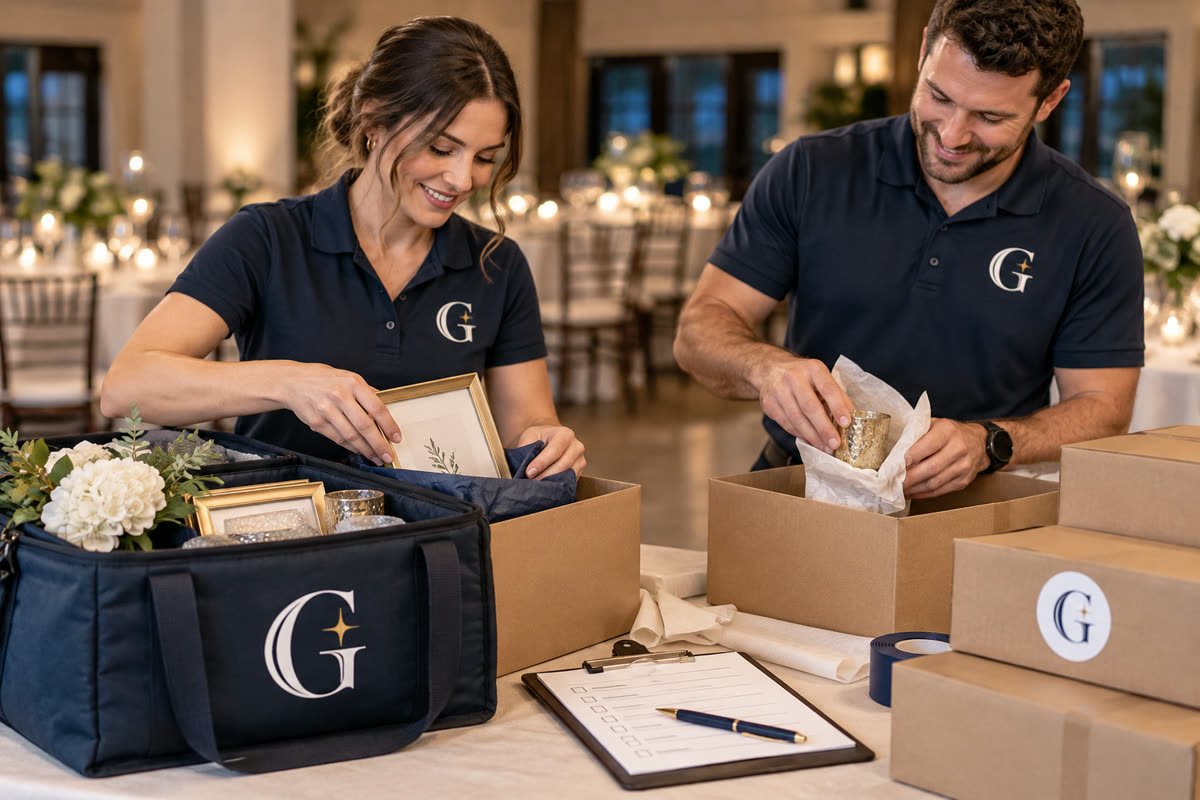 The Guest Edit End-of-Night Pack-Out and Delivery service scene with navy and gold G branding