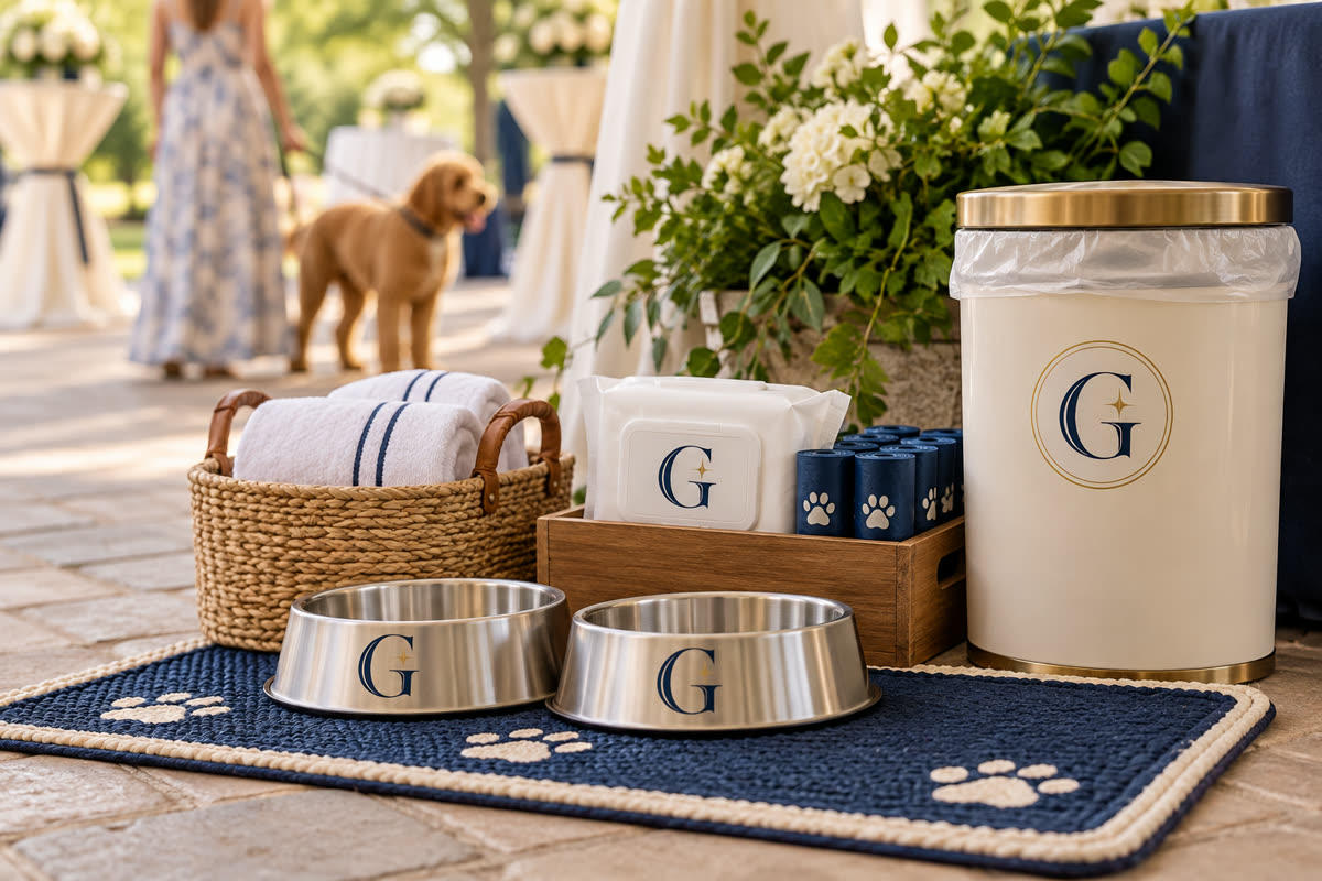 The Guest Edit Pet Comfort and Cleanup service scene with navy and gold G branding
