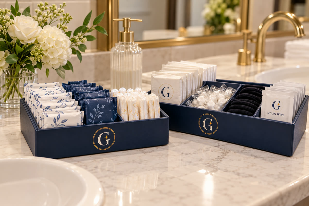 The Guest Edit Restroom Amenities service scene with navy and gold G branding