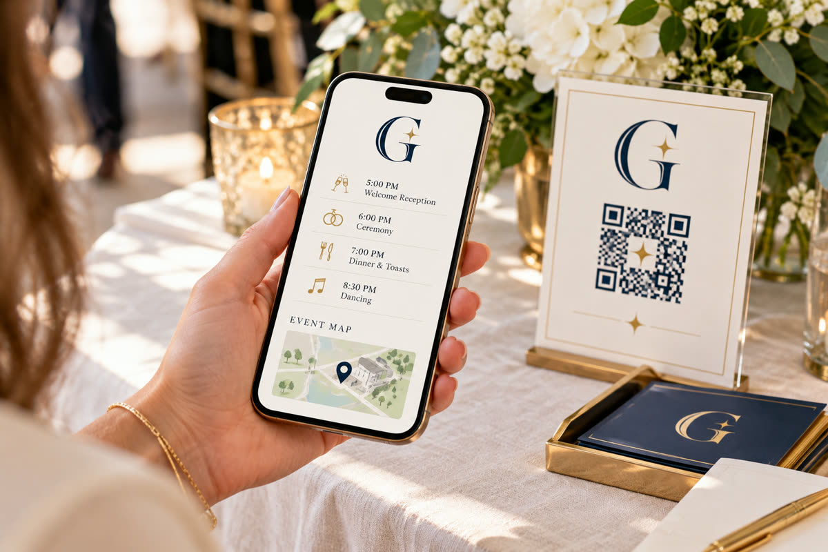 The Guest Edit Digital Event Information Hub service scene with navy and gold G branding