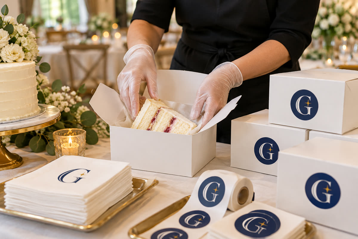 The Guest Edit Food and Dessert Take-Home Packaging service scene with navy and gold G branding
