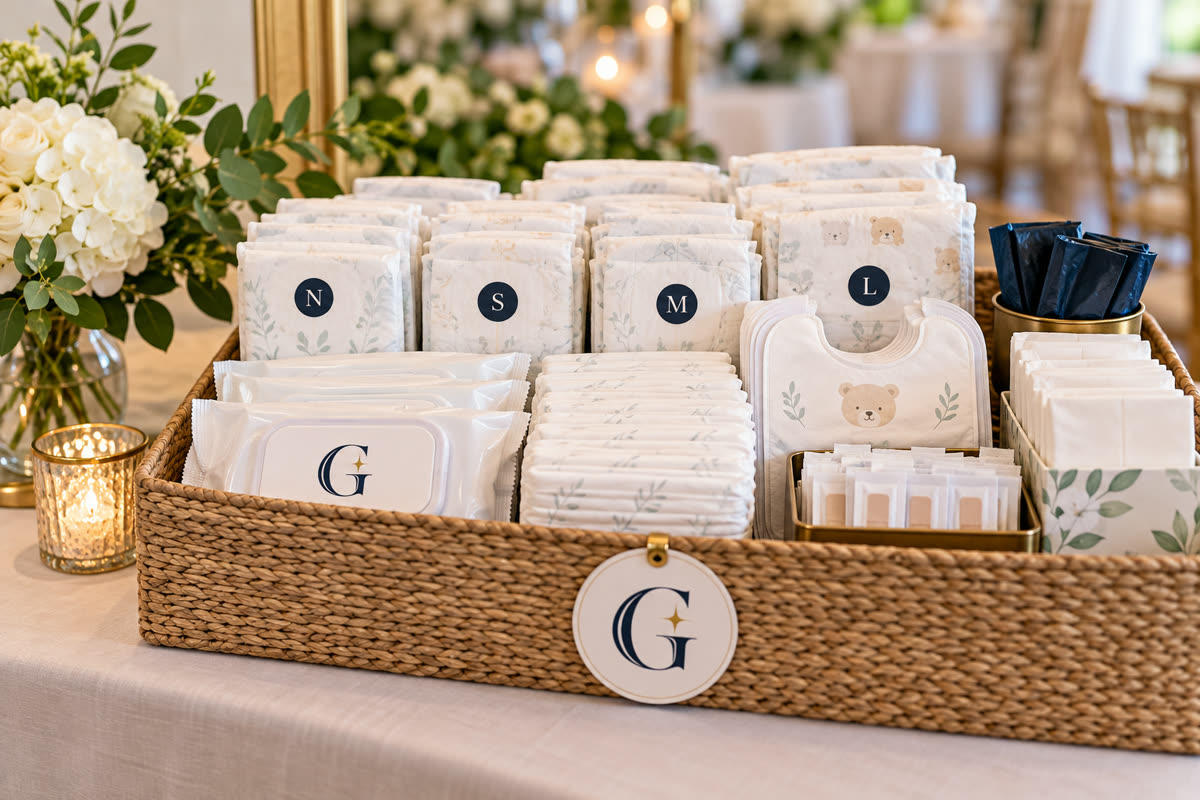The Guest Edit Family Care Supplies service scene with navy and gold G branding
