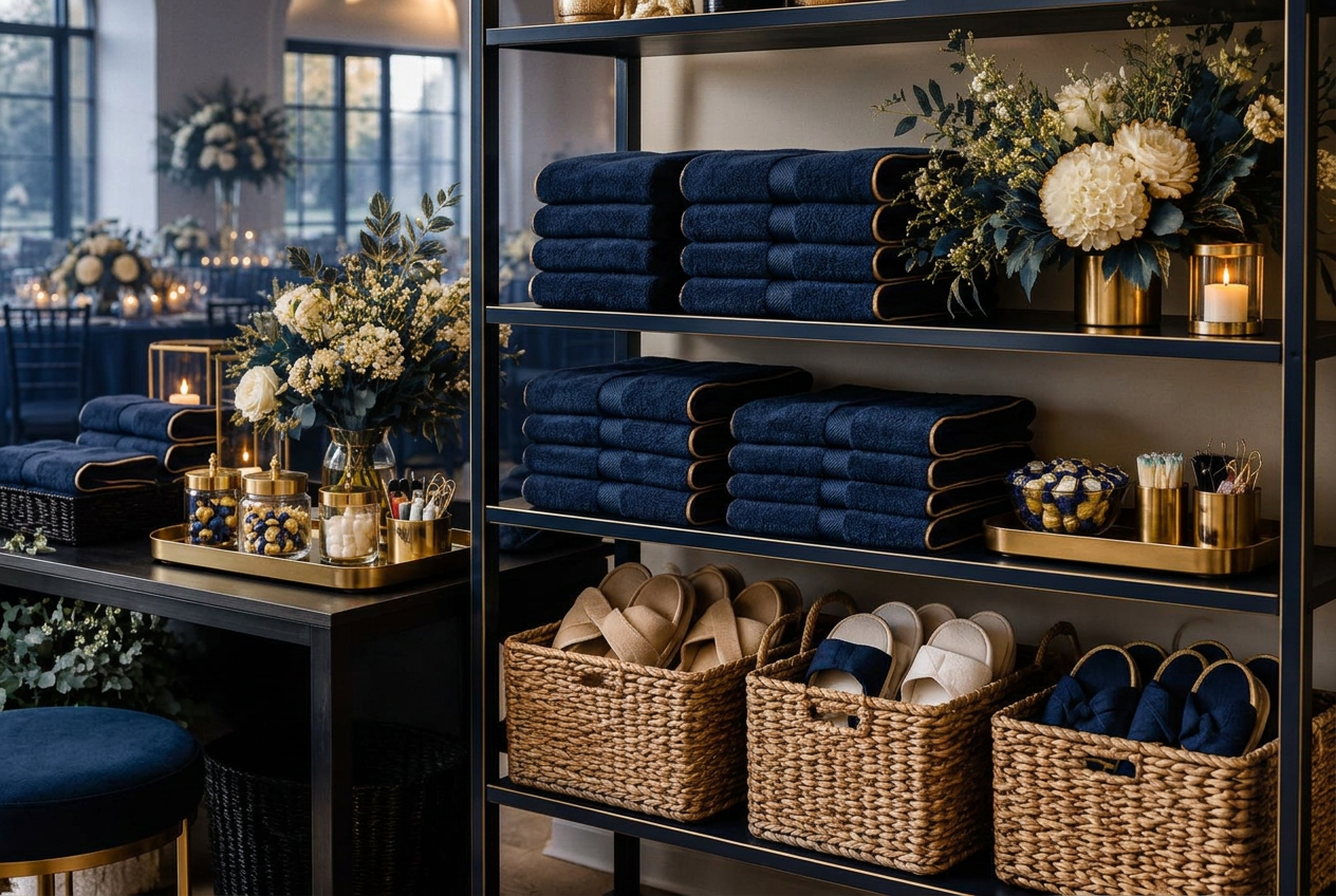 Gold-lidded guest amenity jars on a navy setting with The Guest Edit G card