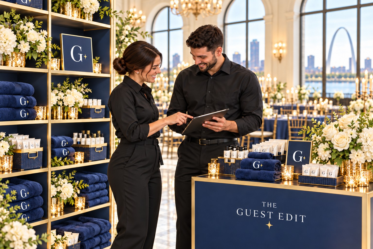 Two staff members checking a tablet beside a navy and gold The Guest Edit amenity station