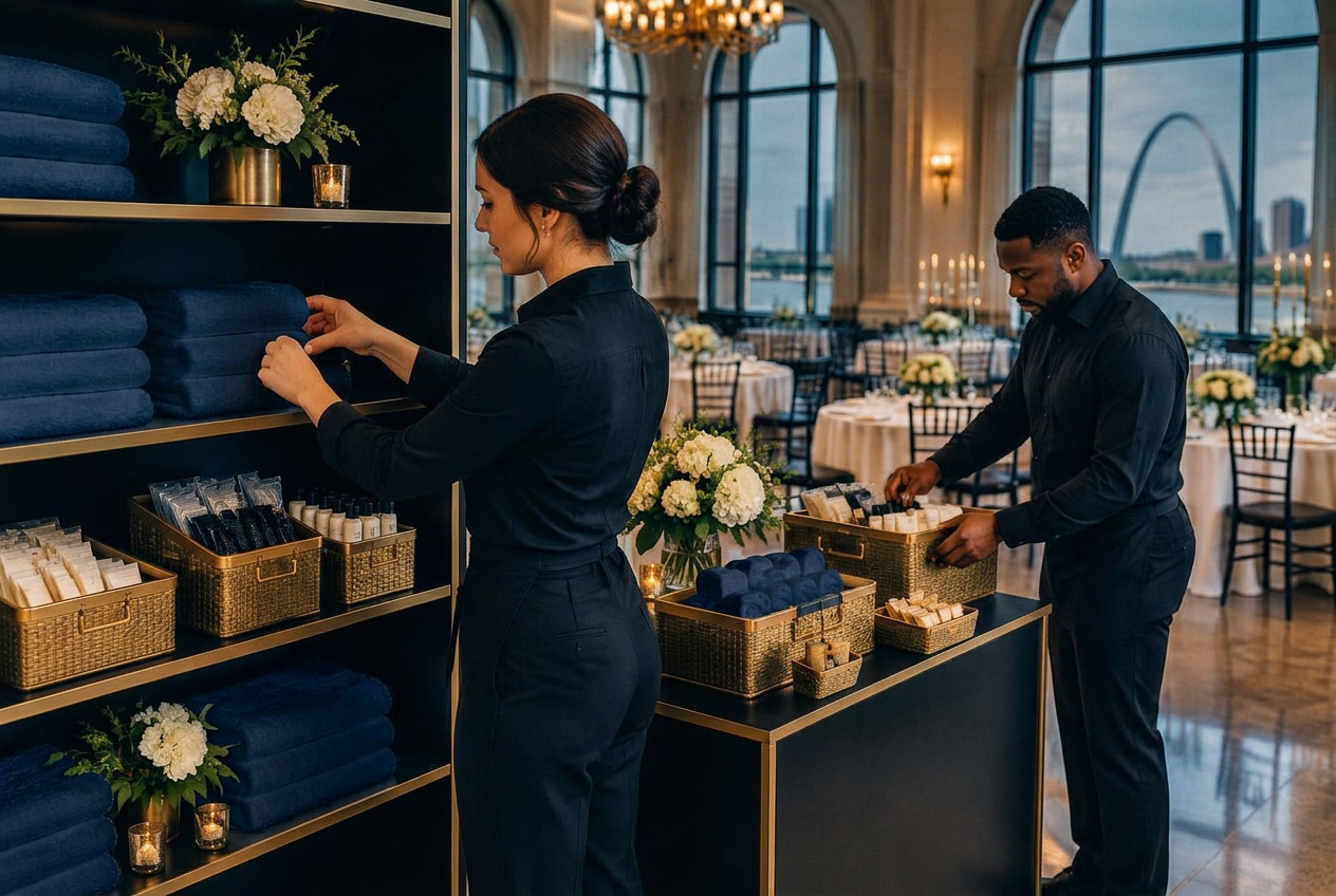 Navy and gold guest amenity table with The Guest Edit G sign at a ballroom reception