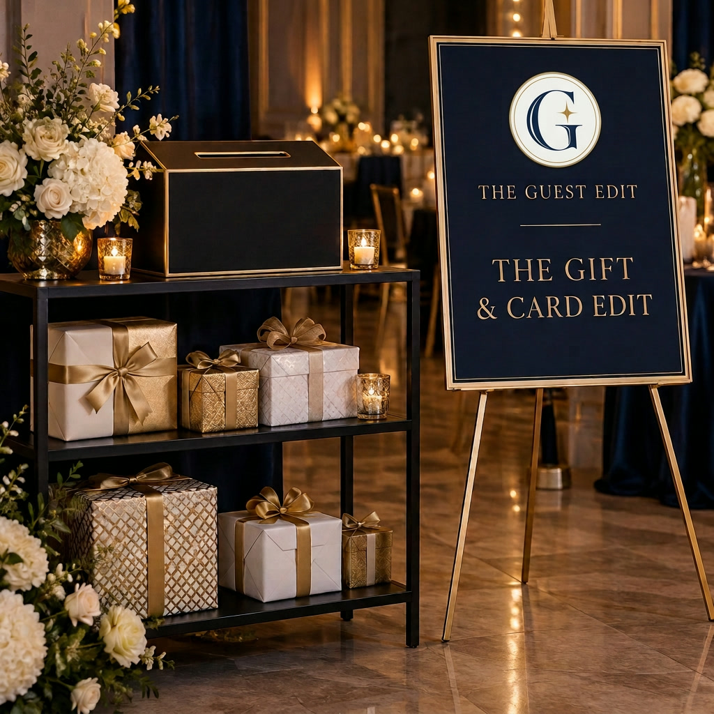 The Gift & Card Edit — black and gold gift display with wrapped gifts and a card box at a wedding reception
