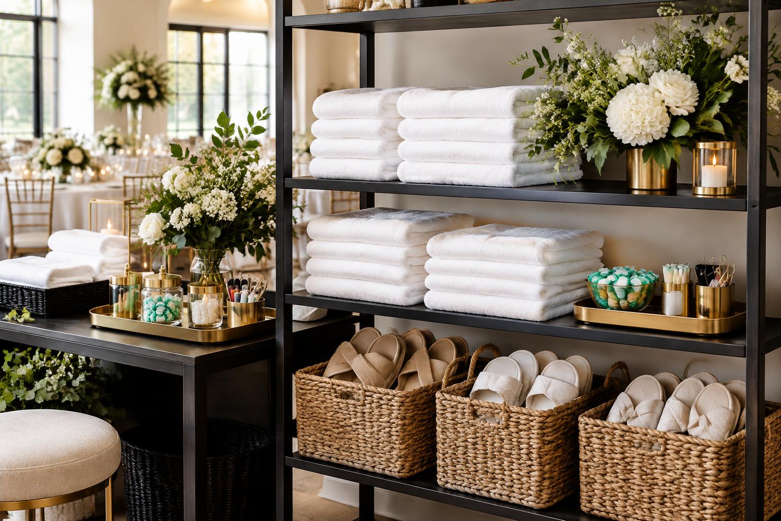Neatly arranged guest amenities on a gold-accented station