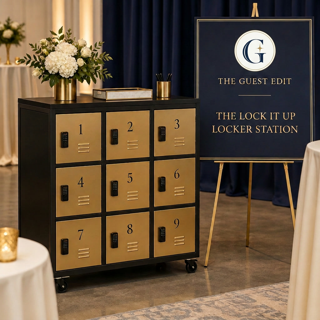 The Lock It Up Locker Station — portable black locker unit with gold numbered compartments at an event