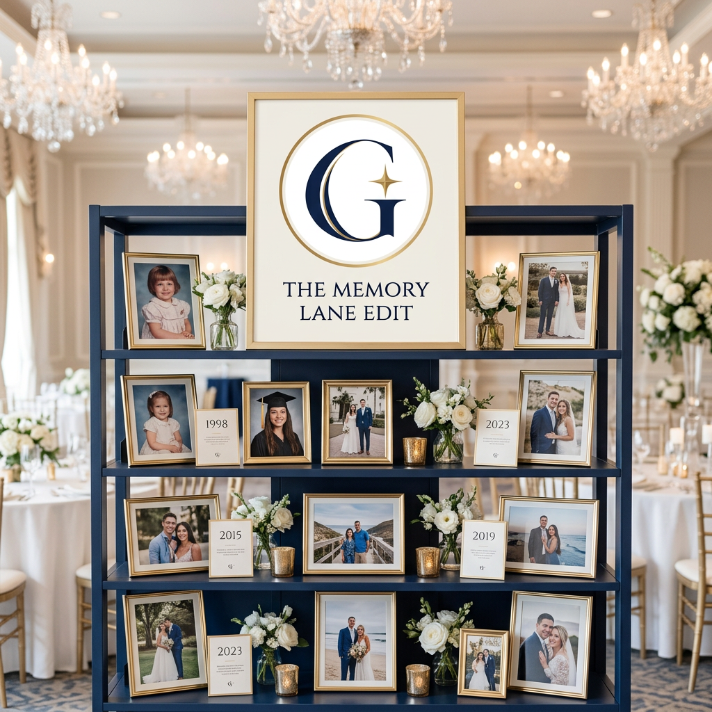 The Moments That Matter Photo Display — navy shelving with gold-framed photos arranged as a memory lane timeline and a Guest Edit G sign