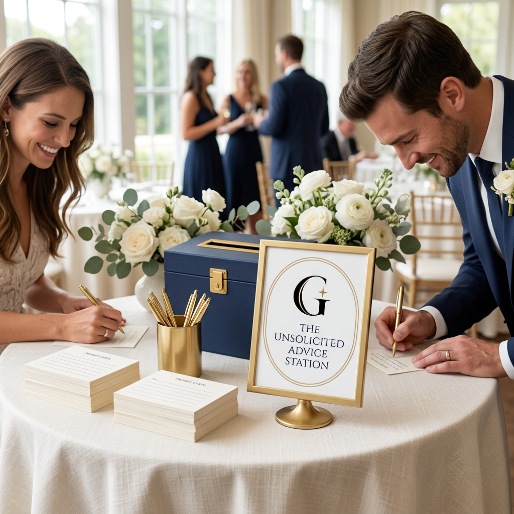The Unsolicited Advice Station — guests writing on ivory prompt cards beside a navy collection box and a gold-framed Guest Edit sign