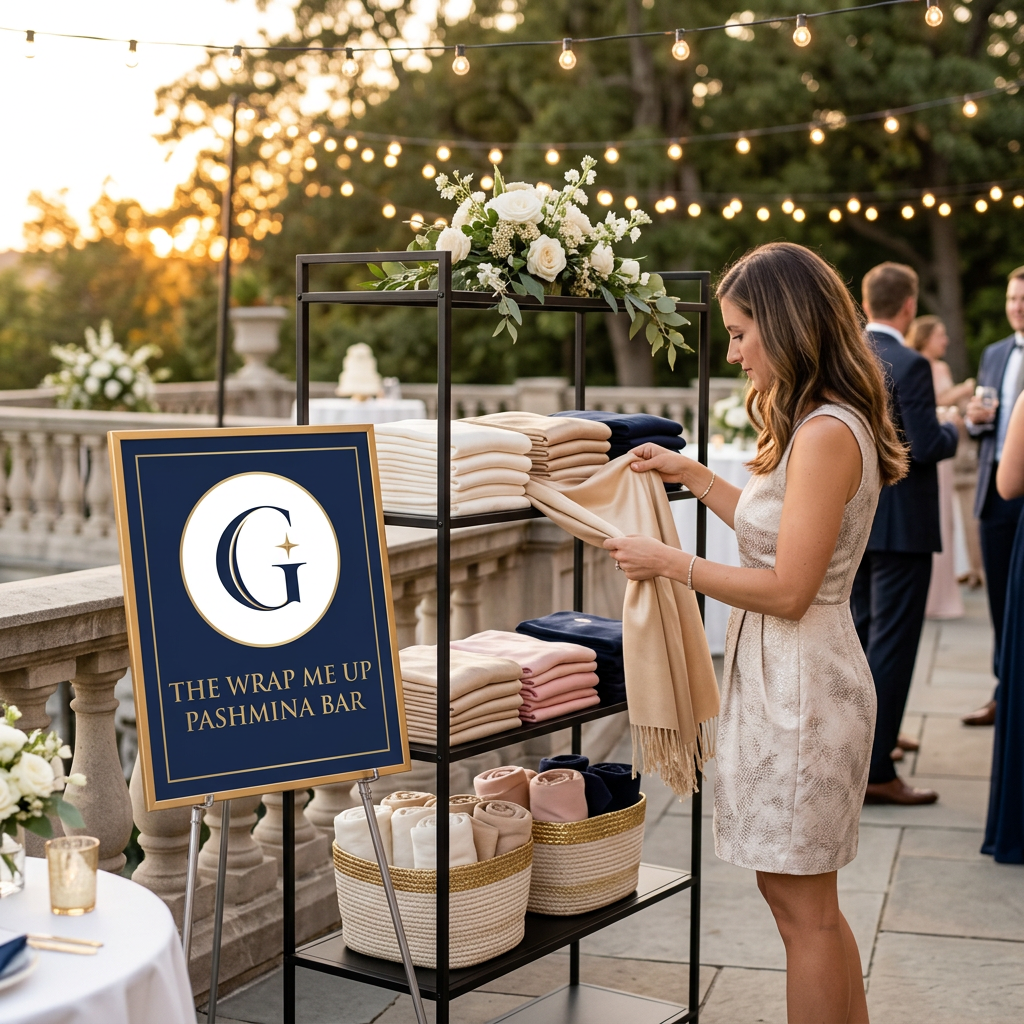 The Wrap Me Up Pashmina Bar — black shelving with folded ivory, champagne, blush and navy wraps and a navy-and-gold Guest Edit sign on an outdoor terrace